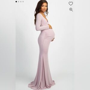 Pink Metallic Off Shoulder Long Sleeve Wrap Maternity Photoshoot Gown/Dress